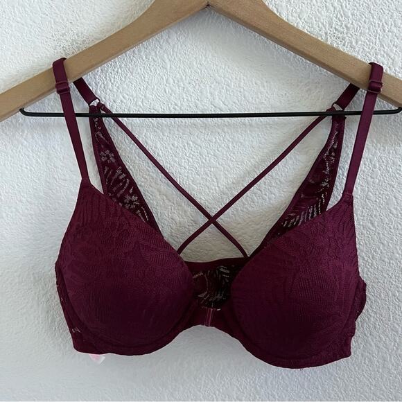 Victoria's Secret PINK Maroon Front Clasp Push-Up Strappy Back Bra 32C - Picture 1 of 8